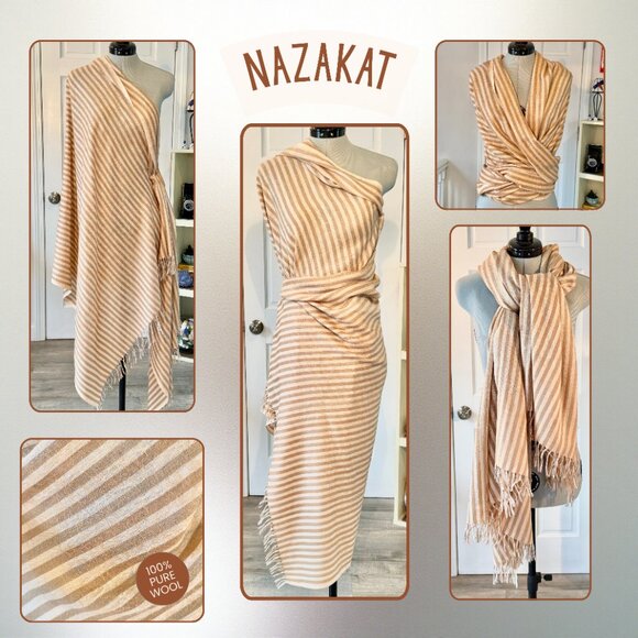 Nazakat 100% Pure Wool Beige and White Striped Shawl with Paisley Detail - Picture 1 of 9